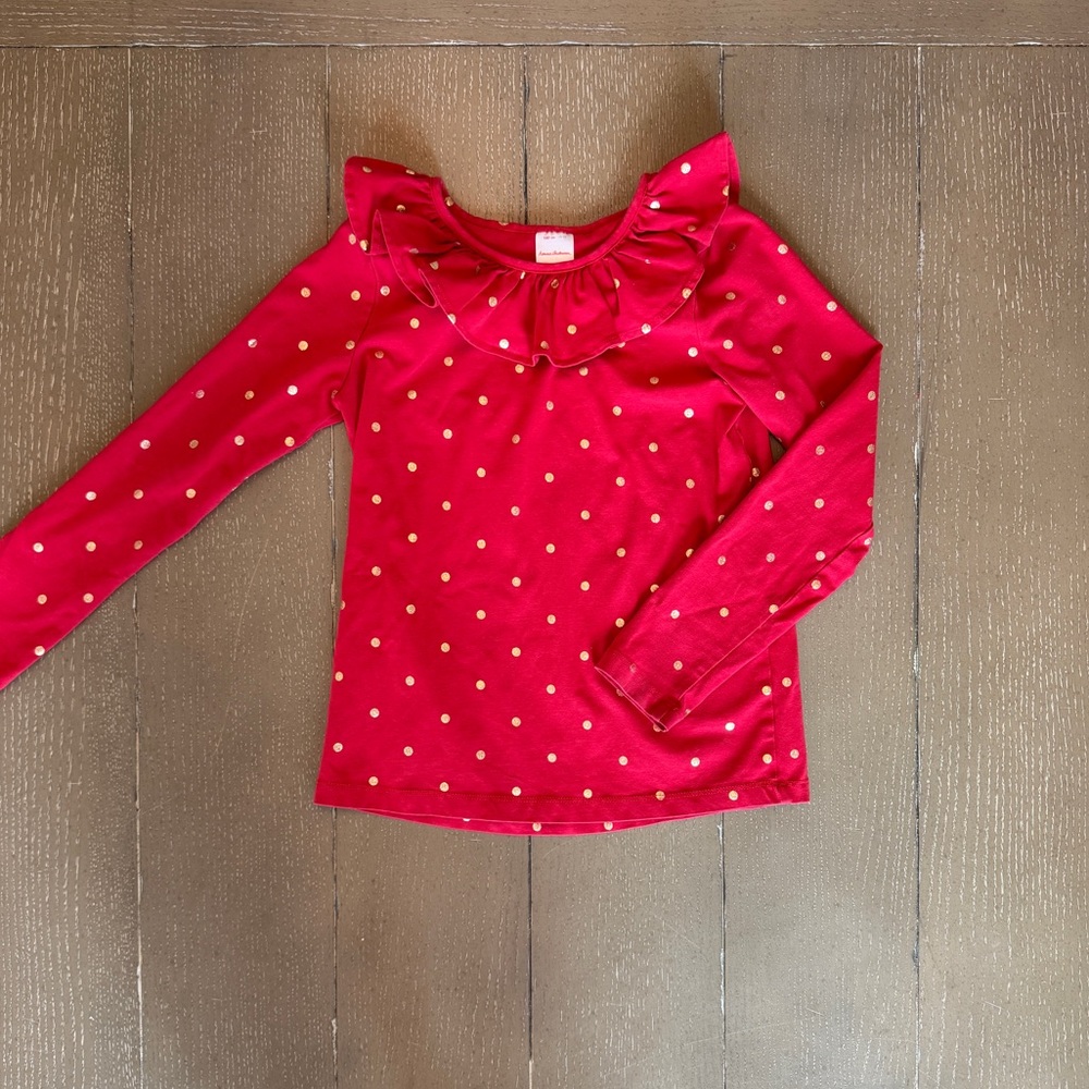 Hanna Andersson Girls’ Long-Sleeve Cotton Red Polka Dot Shirt • Size 10 (L)